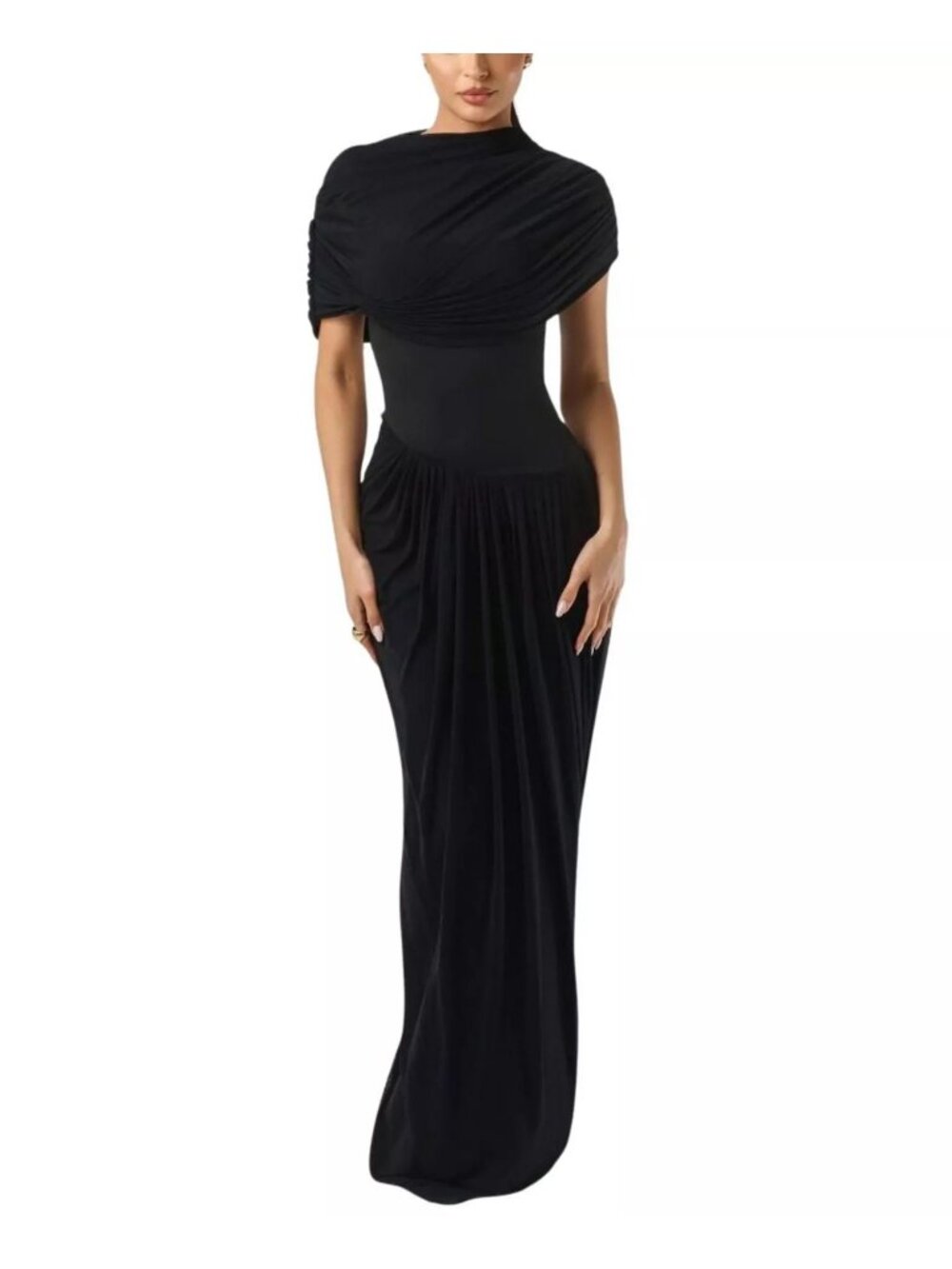 Heiress Beverly Hills Size S Mesh Overlay Draped Shoulder Drop Waist Maxi Dress
